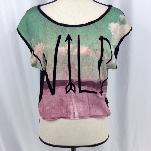 Workshop Crop Top Womens Size Medium WILD Cap Sleeve Satin Contrast Jersey Knit - Picture 1 of 7